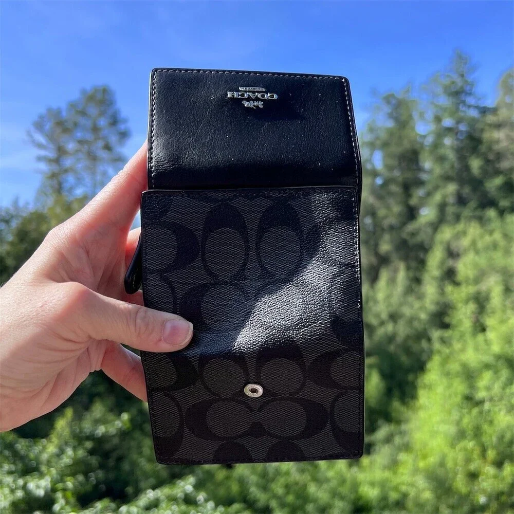 COACH Black/Charcoal Signature Canvas Trifold Micro Wallet Silver Hardware NWT